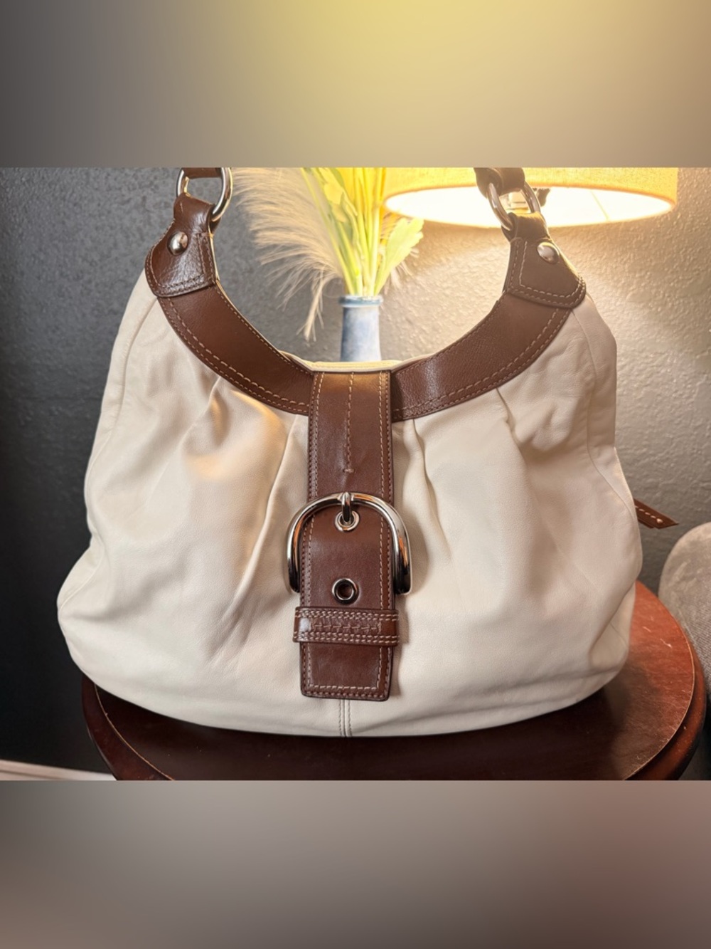 Authentic Coach Cream and Brown Leather Accent Boho Hobo Purse